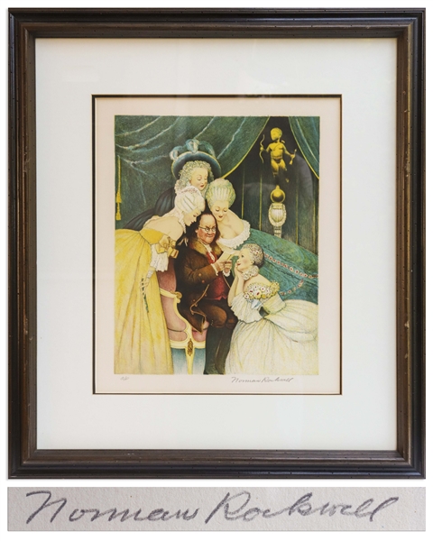 Norman Rockwell Signed Artist Proof Lithograph for ''Ben's Belles'' -- Fun Illustration Portrays Benjamin Franklin as the Ladies' Man of Parisian Intelligentsia